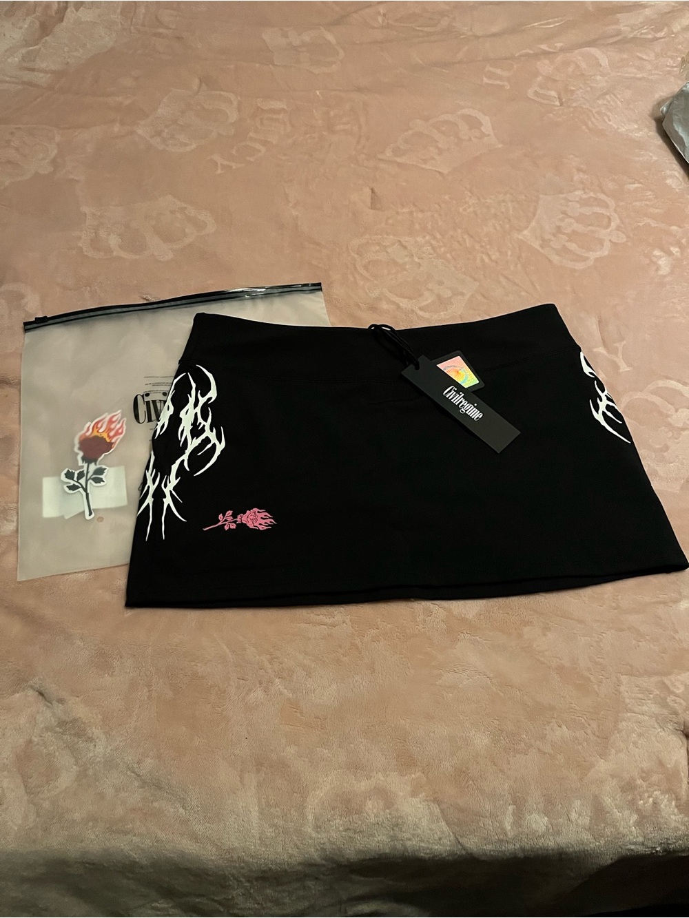 Black Mini Skirt with Pink Rose & White Flame Graphics